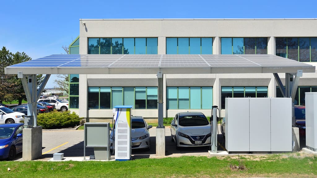EV charging stations under a solar canopy