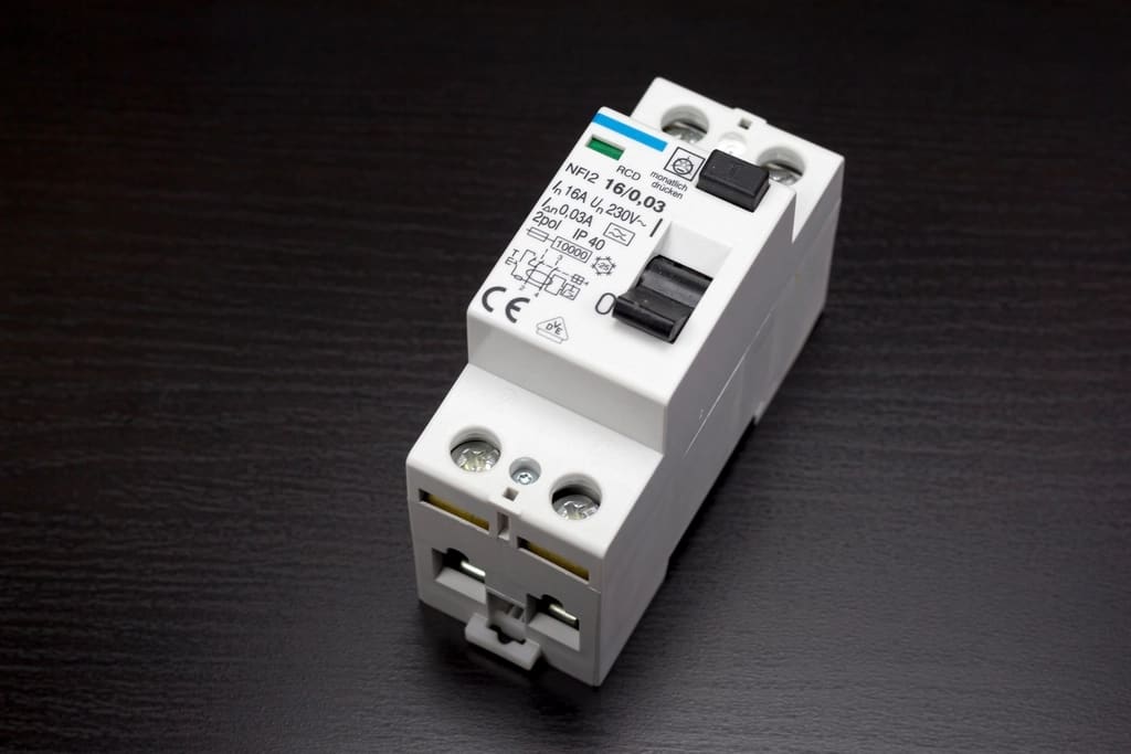 Residual current device on a dark workbench